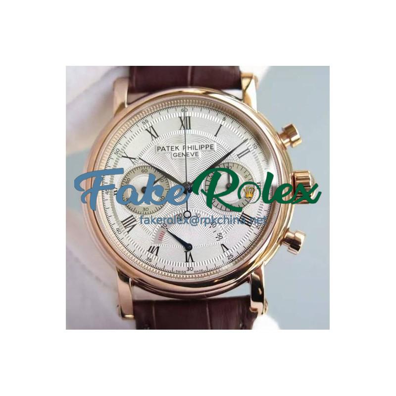 Replica Patek Philippe Calatrava Chronograph Power Reserve Rose Gold White Dial Swiss Lemania