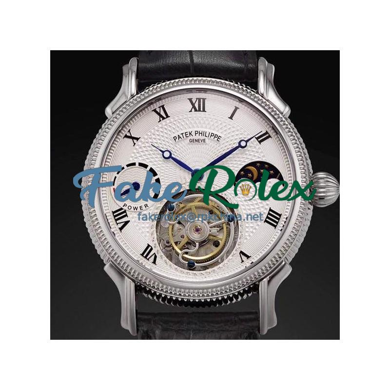 Replica Patek Philippe Tourbillon Moonphase Power Reserve Stainless Steel White Dial Swiss Tourbillon