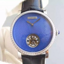 Replica Cartier Rotonde Tourbillon Stainless Steel & Diamonds Blue Dial Swiss Tourbillon