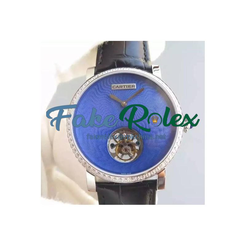 Replica Cartier Rotonde Tourbillon Stainless Steel & Diamonds Blue Dial Swiss Tourbillon