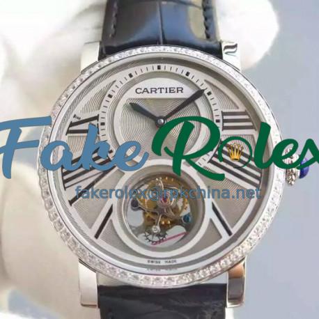 Replica Cartier Rotonde Tourbillon Stainless Steel & Diamonds White Dial Swiss Tourbillon