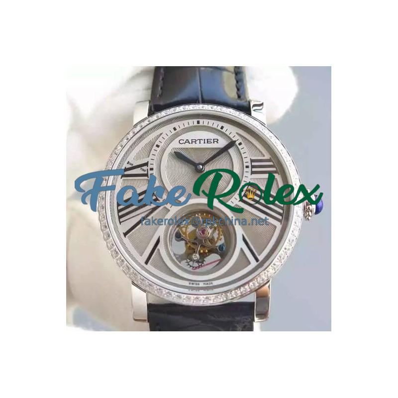 Replica Cartier Rotonde Tourbillon Stainless Steel & Diamonds White Dial Swiss Tourbillon