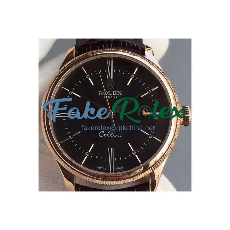 Replica Rolex Cellini Time 50505 Rose Gold Black Dial Swiss 2824-2