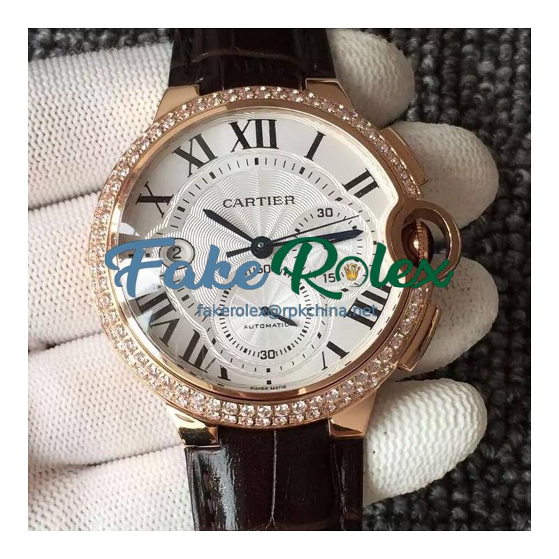 Replica Cartier Ballon Bleu Chronograph Rose Gold & Diamonds White Dial Swiss 7750