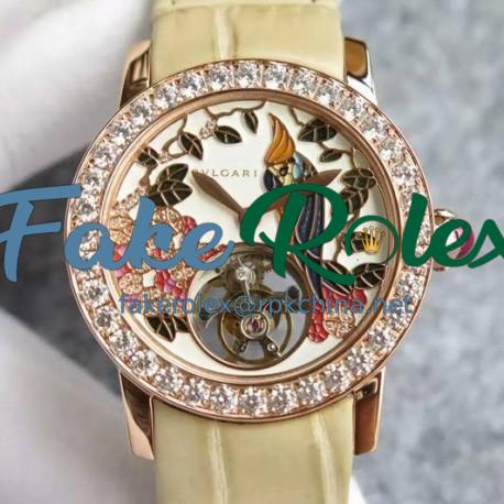 Replica Bvlgari Il Giardino Tropicale Rose Gold & Diamonds Parrot Dial Cream Leather Strap Swiss Tourbillon