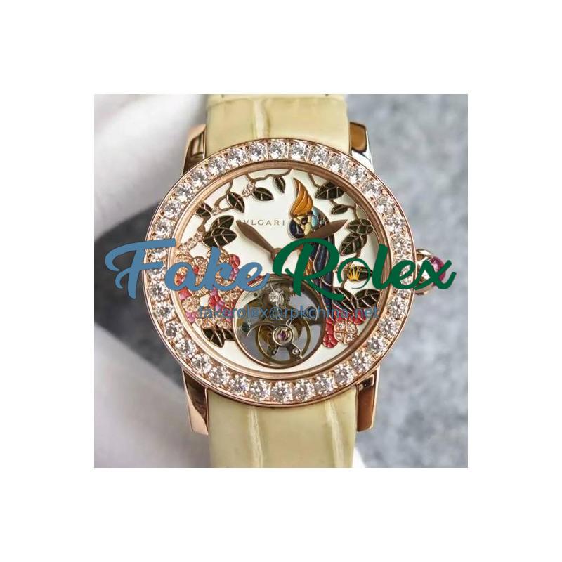 Replica Bvlgari Il Giardino Tropicale Rose Gold & Diamonds Parrot Dial Cream Leather Strap Swiss Tourbillon