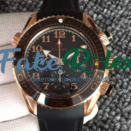 Replica Omega Seamaster Planet Ocean Chronograph Olympics Rose Gold Black Dial Black Rubber Strap Swiss 7750