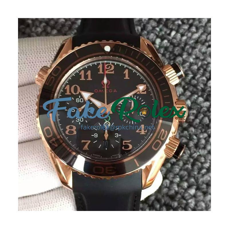 Replica Omega Seamaster Planet Ocean Chronograph Olympics Rose Gold Black Dial Black Rubber Strap Swiss 7750