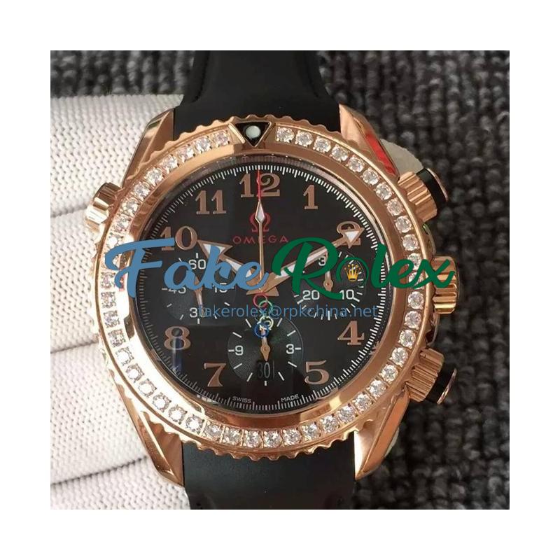 Replica Omega Seamaster Planet Ocean Chronograph Olympics Rose Gold & Diamonds Black Dial Swiss 7750