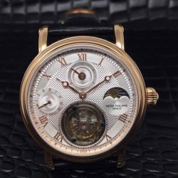 Replica Patek Philippe Tourbillon Moonphase Power Reserve 24K Rose Gold Plated White Dial Swiss Tourbillon