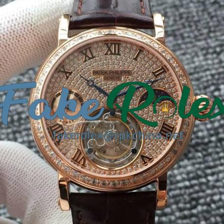 Replica Patek Philippe Tourbillon Moonphase Power Reserve Rose Gold Diamonds Dial Swiss Tourbillon