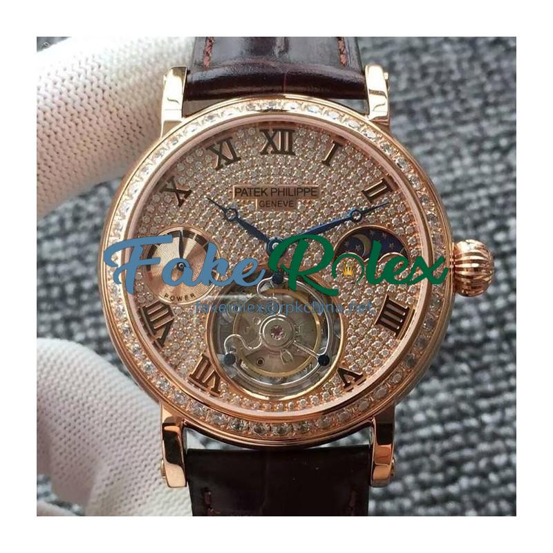 Replica Patek Philippe Tourbillon Moonphase Power Reserve Rose Gold Diamonds Dial Swiss Tourbillon