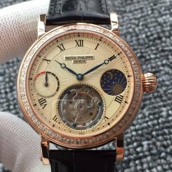 Replica Patek Philippe Tourbillon Moonphase Power Reserve Rose Gold & Diamonds Gold Dial Swiss Tourbillon