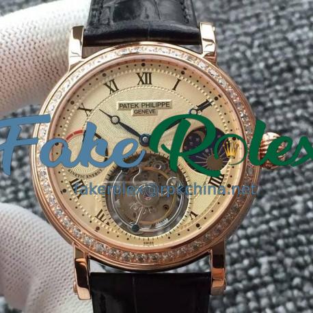 Replica Patek Philippe Tourbillon Moonphase Power Reserve Rose Gold & Diamonds Gold Dial Swiss Tourbillon