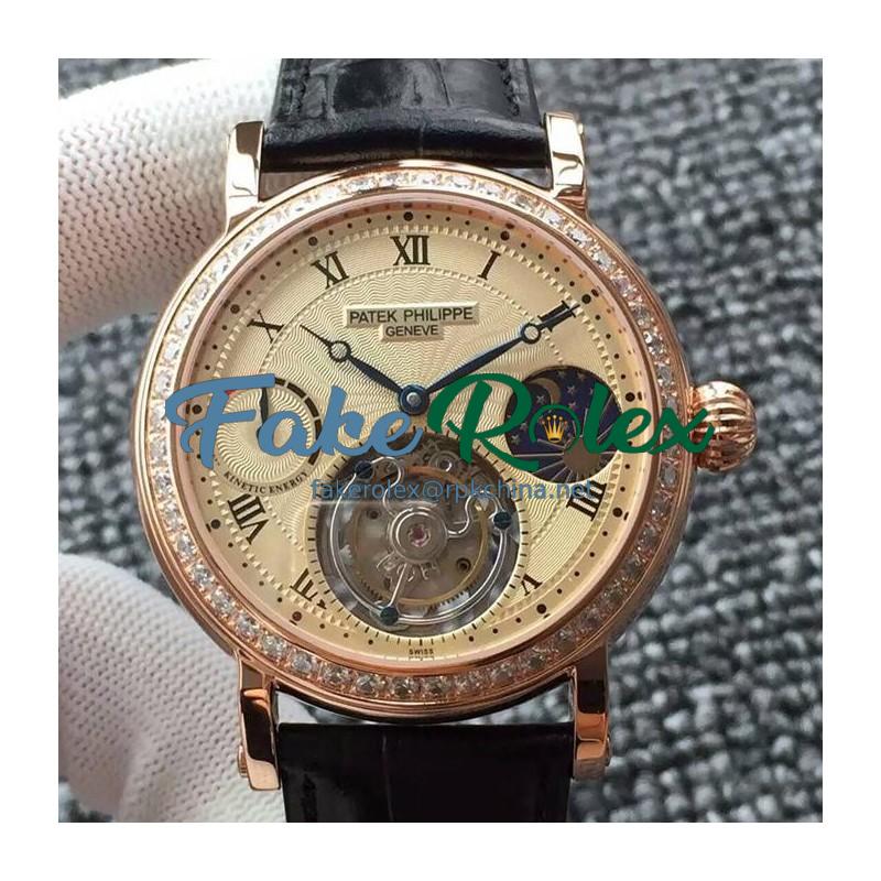 Replica Patek Philippe Tourbillon Moonphase Power Reserve Rose Gold & Diamonds Gold Dial Swiss Tourbillon