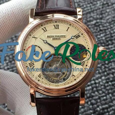 Replica Patek Philippe Tourbillon Moonphase Power Reserve Rose Gold Gold Dial Swiss Tourbillon