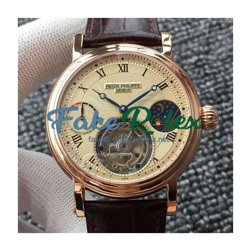 Replica Patek Philippe Tourbillon Moonphase Power Reserve Rose Gold Gold Dial Swiss Tourbillon