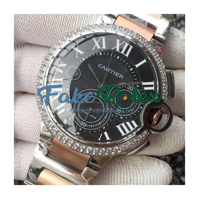 Replica Cartier Ballon Bleu Chronograph Stainless Steel & Diamonds Black Dial Swiss 7750