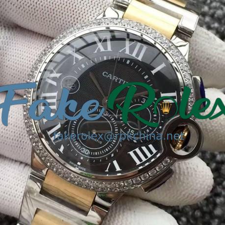 Replica Cartier Ballon Bleu Chronograph Stainless Steel & Diamonds Black Dial Swiss 7750