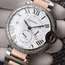 Replica Cartier Ballon Bleu Chronograph Stainless Steel & Diamonds White Dial Swiss 7750