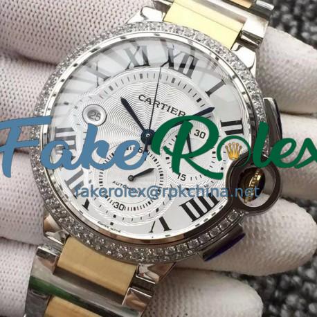 Replica Cartier Ballon Bleu Chronograph Stainless Steel & Diamonds White Dial Swiss 7750