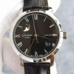 Replica Glashutte Senator Panorama Date Moon Phase Stainless Steel Black Dial Swiss 100-04