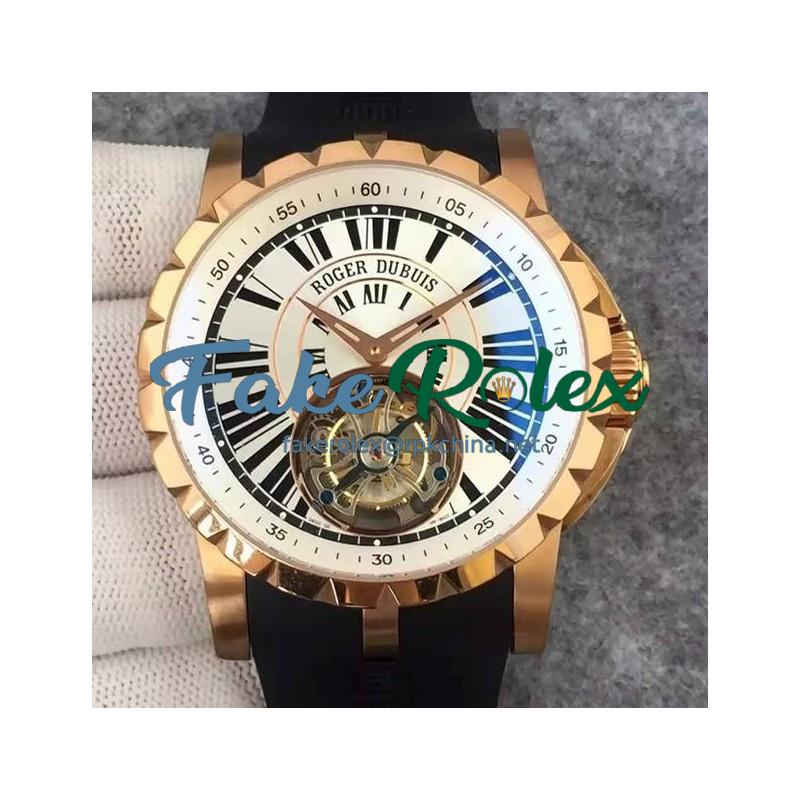 Replica Roger Dubuis Excalibur Tourbillion Rose Gold White Dial Swiss Tourbillon