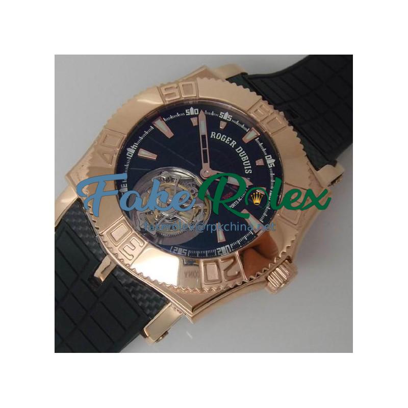 Replica Roger Dubuis Excalibur Easy Diver Tourbillion Rose Gold Black Dial Swiss Tourbillon