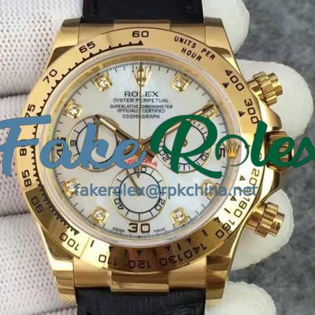 Replica Rolex Daytona Cosmograph 116518 JH Yellow Gold Diamonds & Pearl Dial Swiss 4130 Run 6@SEC