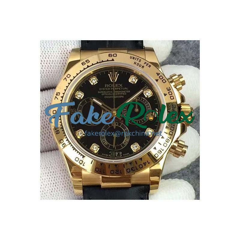 Replica Rolex Daytona Cosmograph 116518 JH Yellow Gold Diamonds & Black Dial Swiss 4130 Run 6@SEC