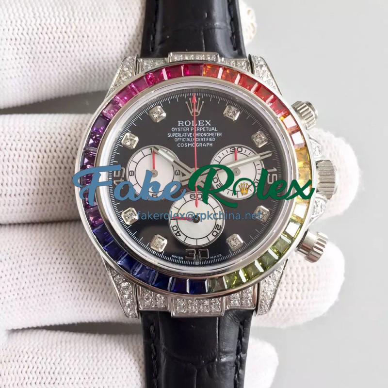 Replica Rolex Daytona Cosmograph 116599 Rainbow Stainless Steel & Diamonds Black Dial Swiss 7750 Run 6@SEC