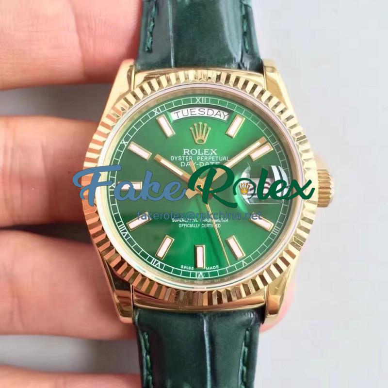 Replica Rolex Day-Date 118138 36MM V5 Yellow Gold Green Dial Swiss 2836-2