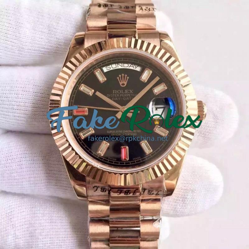 Replica Rolex Day-Date II 218235 41MM KW Rose Gold Black Dial Swiss 3255