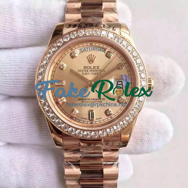 Replica Rolex Day-Date II 218235 41MM KW Rose Gold & Diamonds Gold Dial Swiss 3255