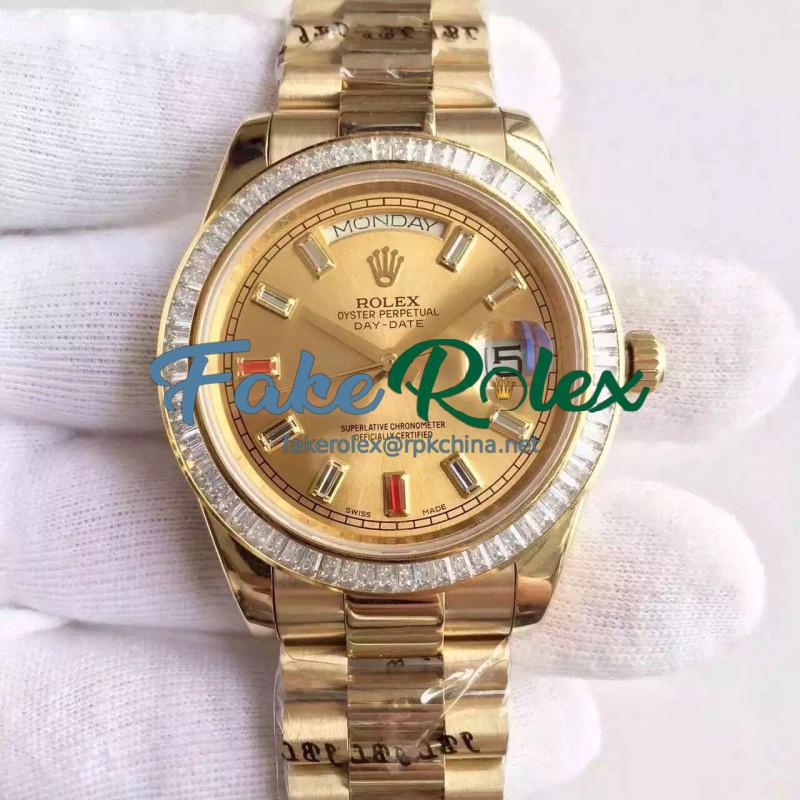 Replica Rolex Day-Date II 218238 41MM KW Yellow Gold & Diamonds Champagne Dial Swiss 3255