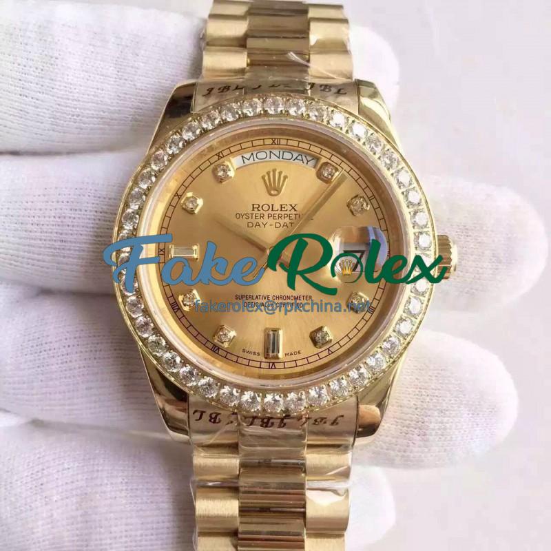 Replica Rolex Day-Date II 218348 41MM KW Yellow Gold & Diamonds Champagne Dial Swiss 3255