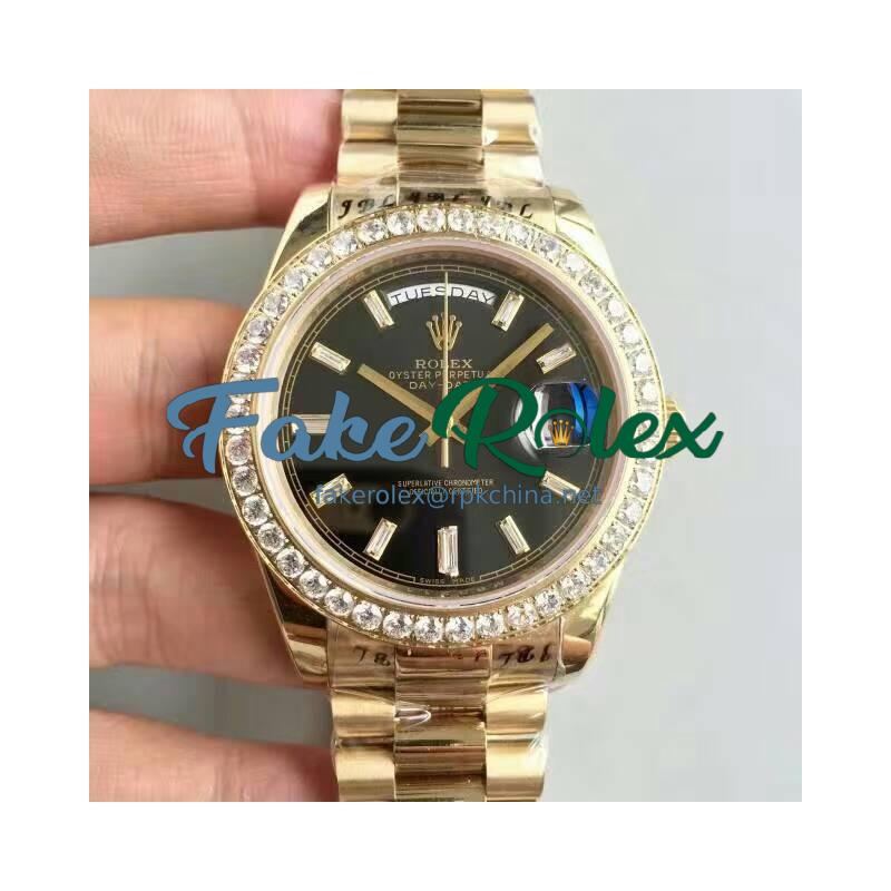 Replica Rolex Day-Date 40 228398TBR 40MM KW Yellow Gold & Diamonds Black Dial Swiss 3255