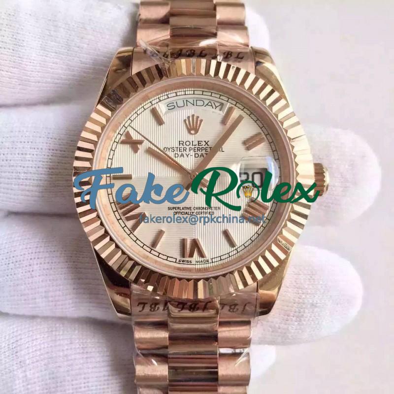 Replica Rolex Day-Date 40 228235 40MM KW Rose Gold Silver Quadrant Dial Swiss 3255