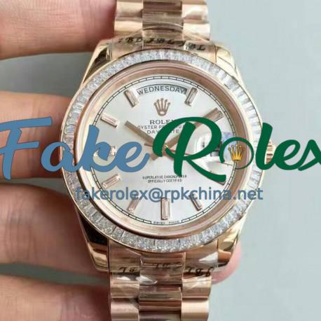 Replica Rolex Day-Date 40 228235 40MM KW Rose Gold & Diamonds Sundust Dial Swiss 3255