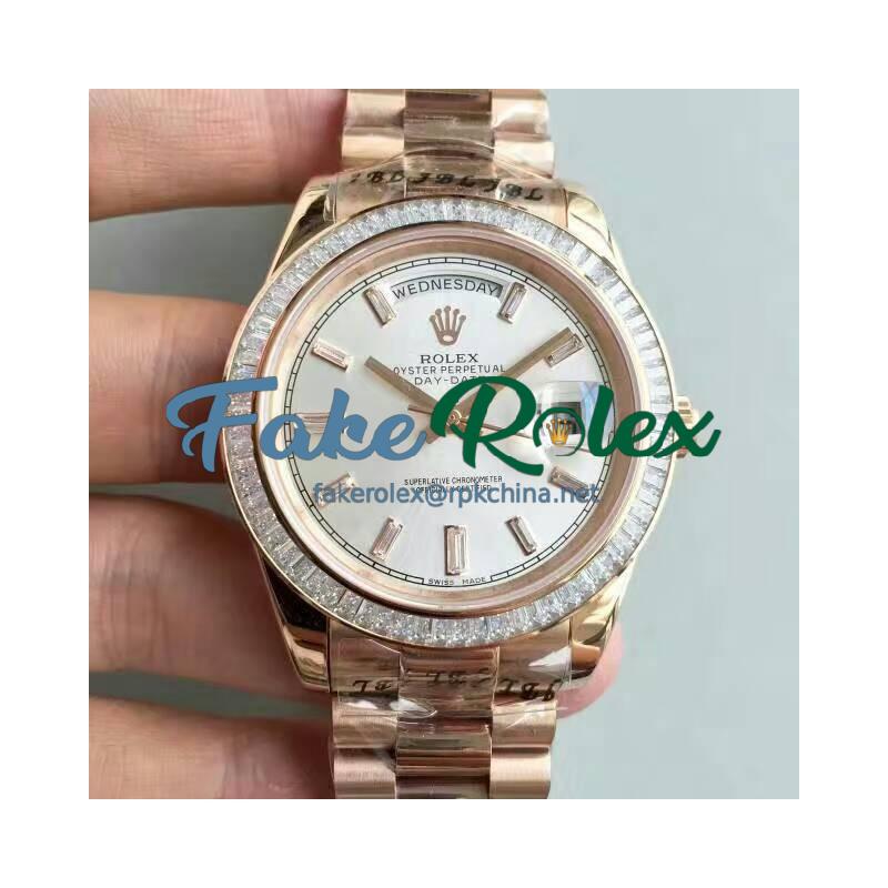 Replica Rolex Day-Date 40 228235 40MM KW Rose Gold & Diamonds Sundust Dial Swiss 3255