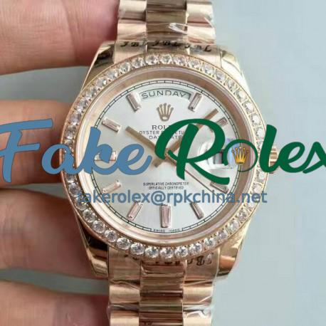 Replica Rolex Day-Date 40 228235 40MM KW Rose Gold & Diamonds Sundust Dial Swiss 3255