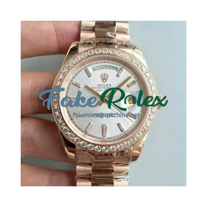 Replica Rolex Day-Date 40 228235 40MM KW Rose Gold & Diamonds Sundust Dial Swiss 3255