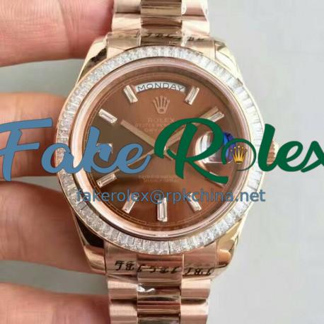 Replica Rolex Day-Date 40 228235 40MM KW Rose Gold & Diamonds Chocolate Dial Swiss 3255