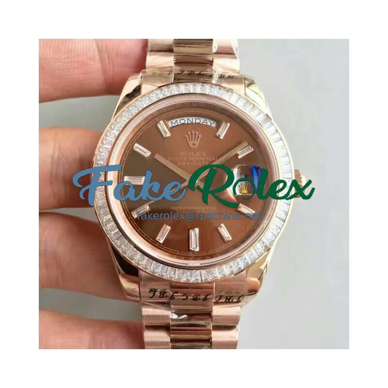 Replica Rolex Day-Date 40 228235 40MM KW Rose Gold & Diamonds Chocolate Dial Swiss 3255