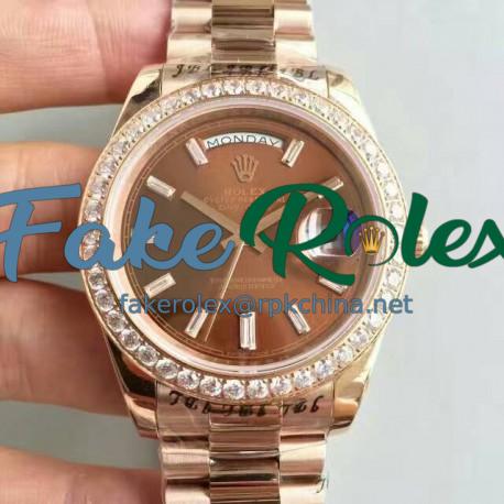 Replica Rolex Day-Date 40 228235 40MM KW Rose Gold & Diamonds Chocolate Dial Swiss 3255