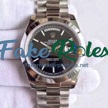 Replica Rolex Day-Date 40 228206 40MM KW Stainless Steel Black Diagonal Dial Swiss 3255