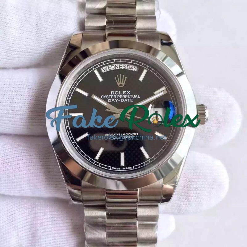 Replica Rolex Day-Date 40 228206 40MM KW Stainless Steel Black Diagonal Dial Swiss 3255