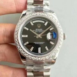 Replica Rolex Day-Date 40 228349RBR 40MM KW Stainless Steel & Diamonds Black Dial Swiss 3255