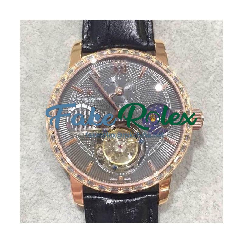 Replica Vacheron Constantin Patrimony Tourbillon Rose Gold & Diamonds Black Dial Swiss Tourbillon