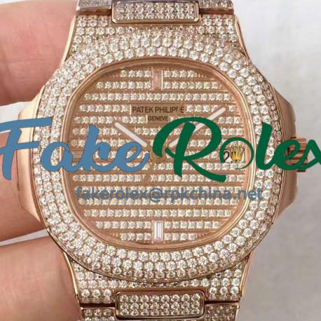 Replica Patek Philippe Nautilus Jumbo 5719/1G-001 DM Rose Gold & Diamonds Diamonds Dial Swiss 324SC